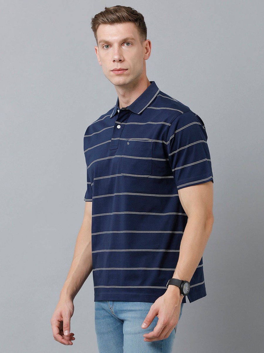 T-Shirts Classic Polo | Classic Polo Men'S Cotton Half Sleeve Striped Authentic Fit Polo Neck Dark Blue Color T-Shirt | Ap - 85 B