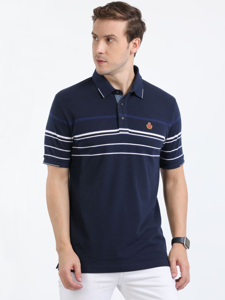 T-Shirts Classic Polo | Classic Polo Mens Cotton Half Sleeves Striped Slim Fit Polo Neck Navy Blue Color T-Shirt | Vta - 245 B Sf P