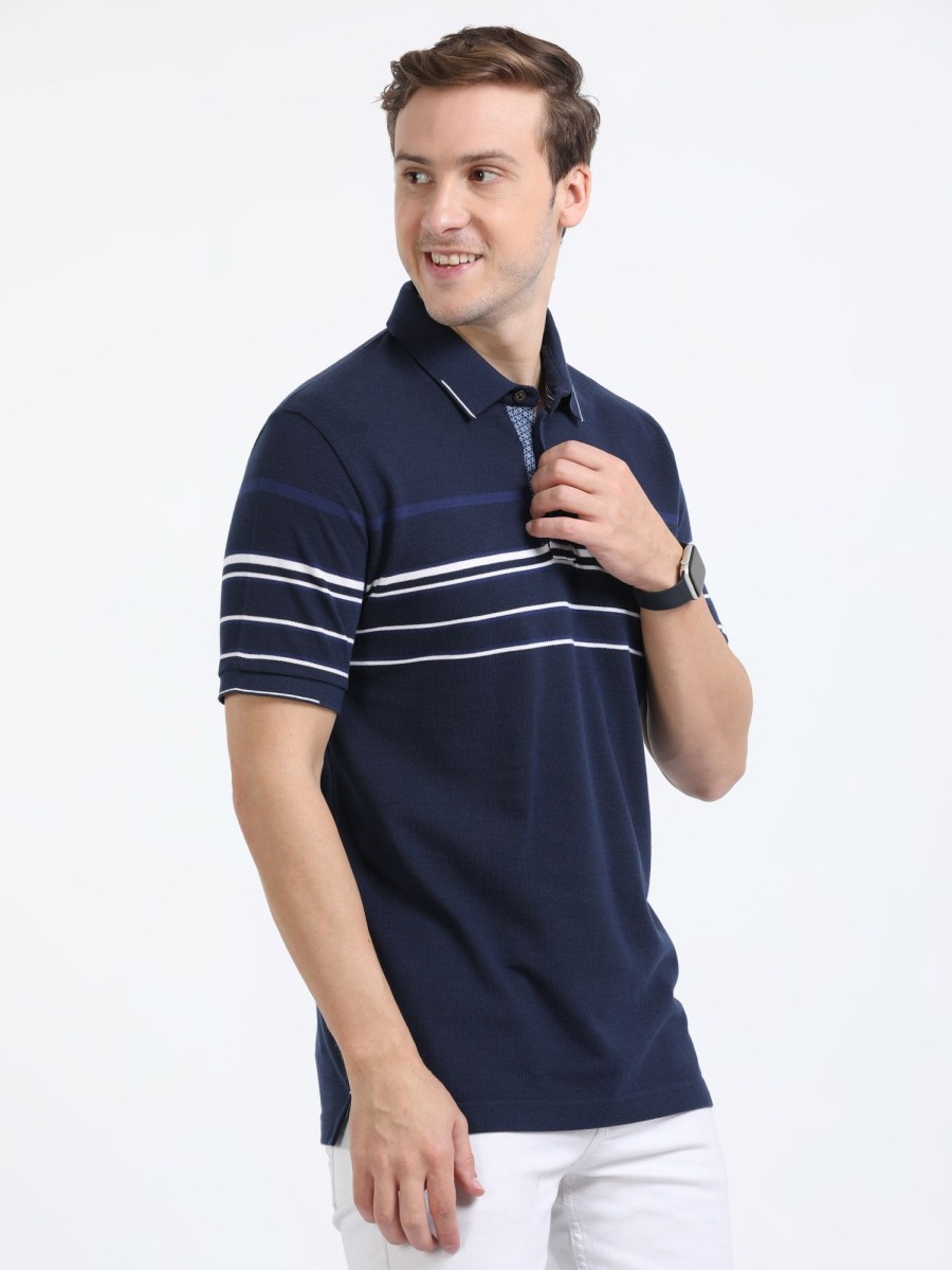 T-Shirts Classic Polo | Classic Polo Mens Cotton Half Sleeves Striped Slim Fit Polo Neck Navy Blue Color T-Shirt | Vta - 245 B Sf P