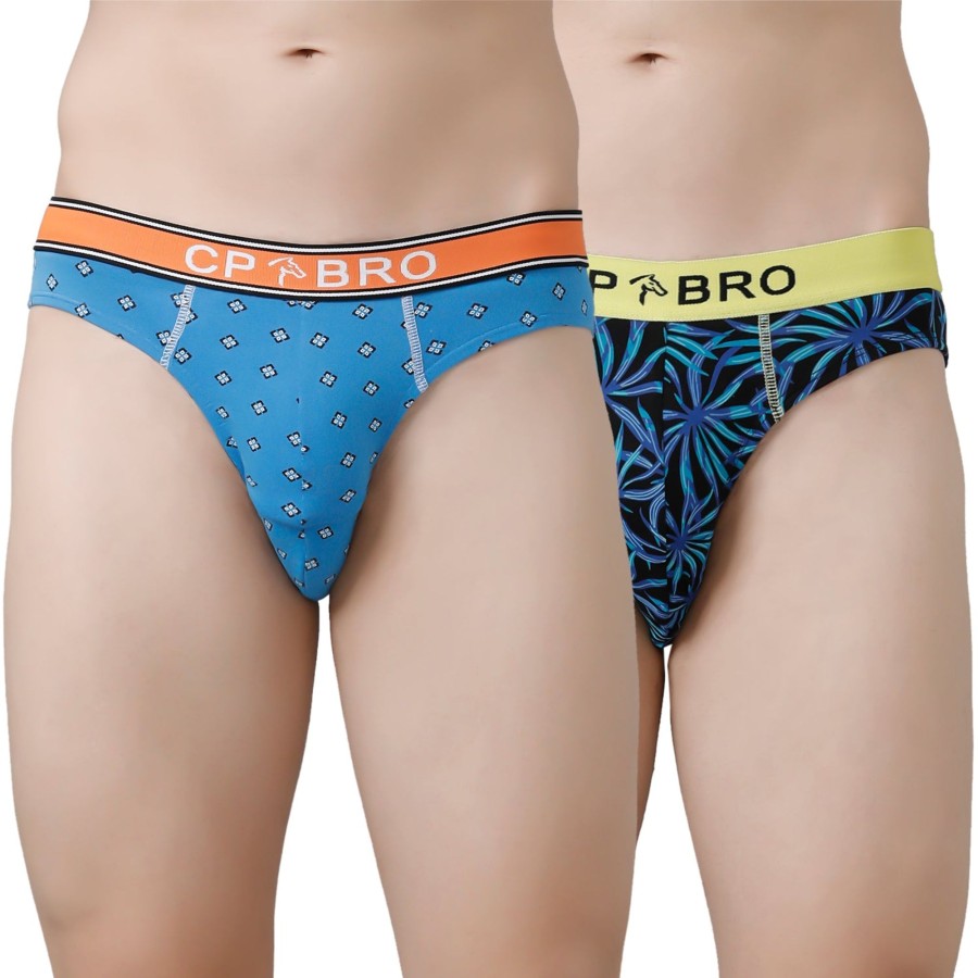 Innerwear CP BRO | Cp Bro Men'S Printed Briefs With Exposed Waistband Value Pack - Blue & Blue Leaf (Pack Of 2)