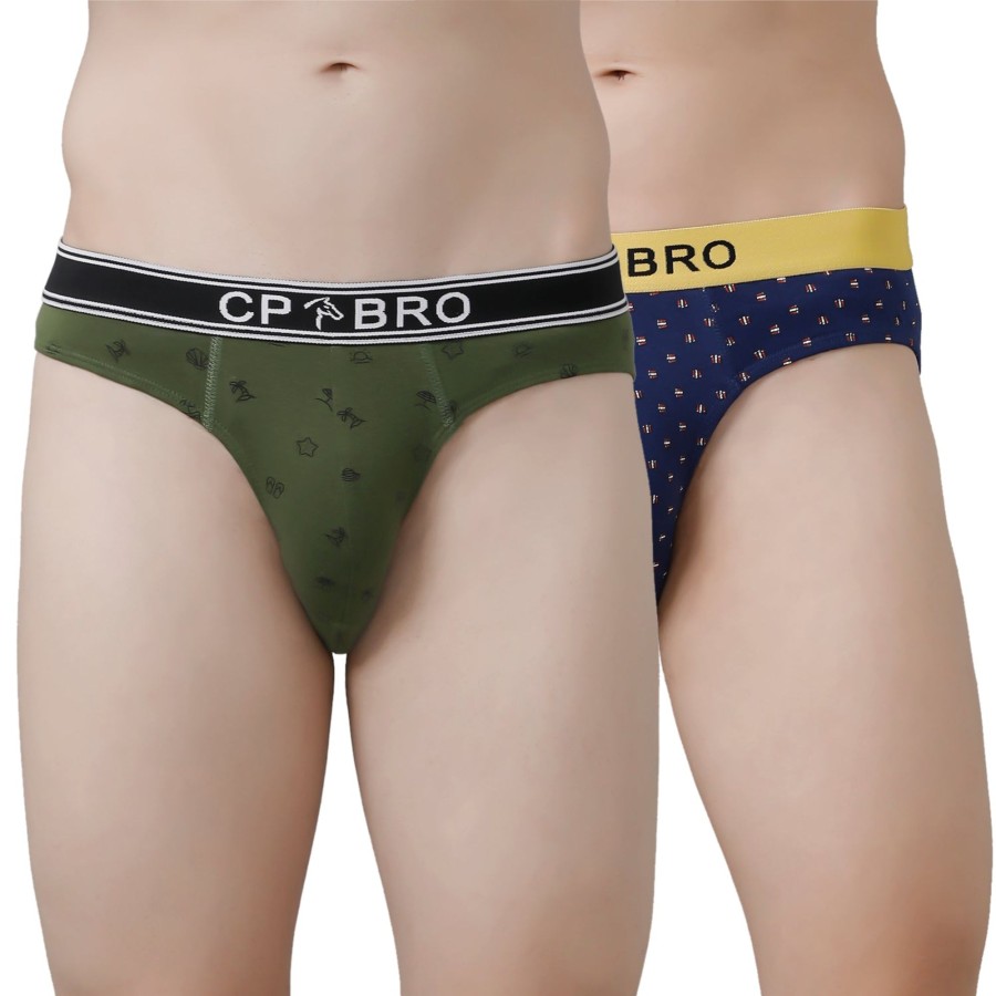 Innerwear CP BRO | Cp Bro Men'S Printed Briefs With Exposed Waistband Value Pack - Olive Green & Navy (Pack Of 2)