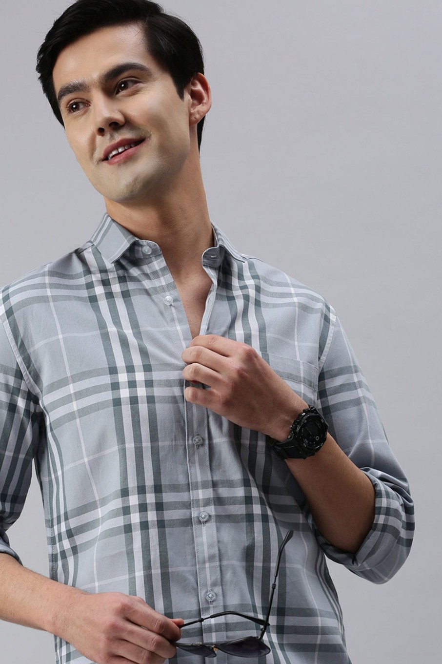 Shirts CP BRO | Cp Bro Men'S Cotton Full Sleeve Checked Slim Fit Polo Neck Grey Color Woven Shirt | Sbo1-28 A