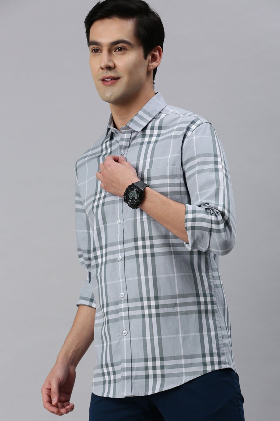 Shirts CP BRO | Cp Bro Men'S Cotton Full Sleeve Checked Slim Fit Polo Neck Grey Color Woven Shirt | Sbo1-28 A