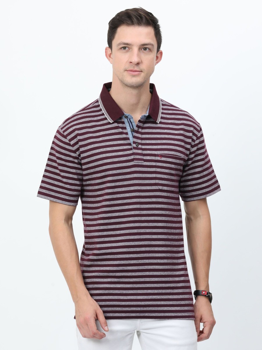 T-Shirts Classic Polo | Classic Polo Mens Cotton Half Sleeves Striped Authentic Fit Polo Neck Maroon Color T-Shirt | Rare - 09 B Af P