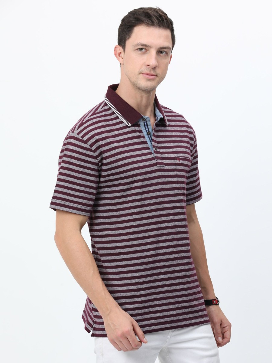 T-Shirts Classic Polo | Classic Polo Mens Cotton Half Sleeves Striped Authentic Fit Polo Neck Maroon Color T-Shirt | Rare - 09 B Af P