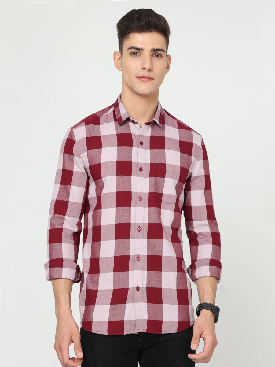 Shirts Classic Polo | Classic Polo Mens Cotton Full Sleeve Checked Slim Fit Polo Neck Maroon Color Woven Shirt | So1-156 A-Fs-Chk