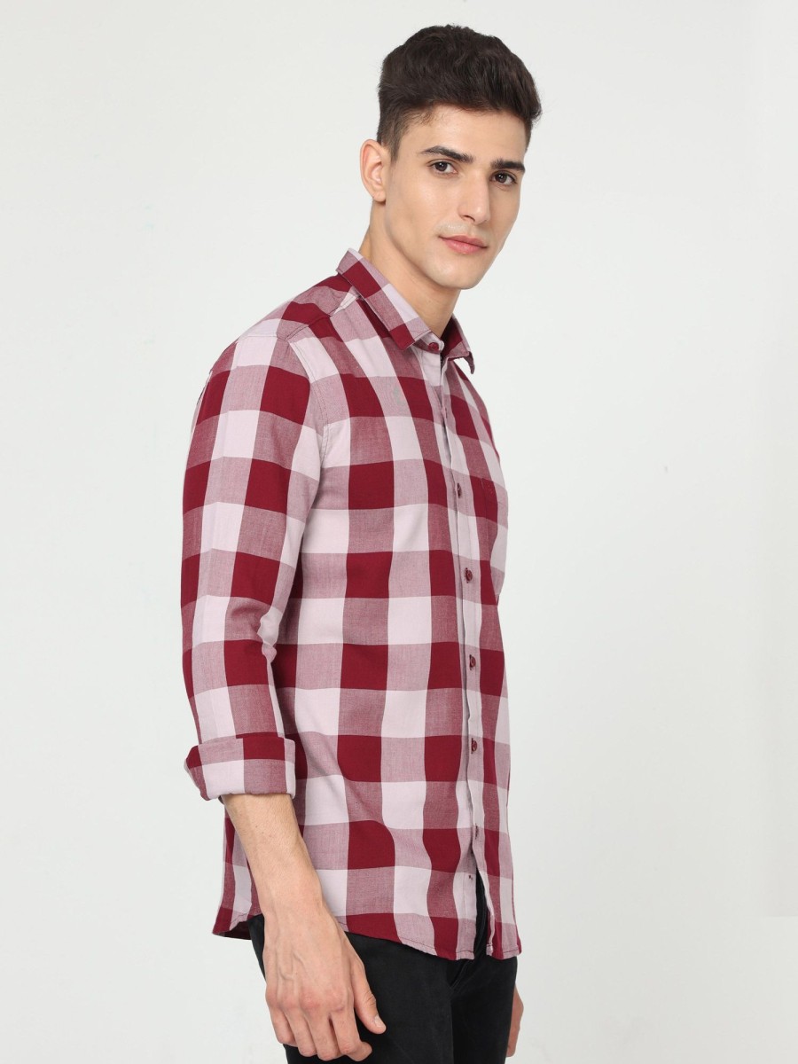 Shirts Classic Polo | Classic Polo Mens Cotton Full Sleeve Checked Slim Fit Polo Neck Maroon Color Woven Shirt | So1-156 A-Fs-Chk