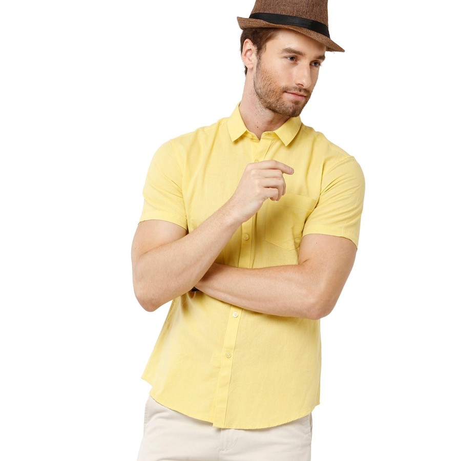 Shirts Classic Polo | Classic Polo Mens Solid Milano Fit Half Sleeve Woven Shirt -Mica Yellow Hs