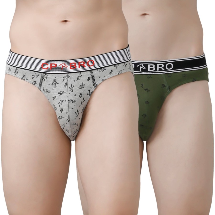 Innerwear CP BRO | Cp Bro Men'S Printed Briefs With Exposed Waistband Value Pack - Grey & Olive Green (Pack Of 2)