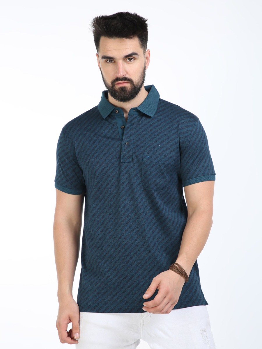 T-Shirts Classic Polo | Classic Polo Mens Cotton Half Sleeves Striped Slim Fit Polo Neck Blue Color T-Shirt | Scant - 34 A Sf P