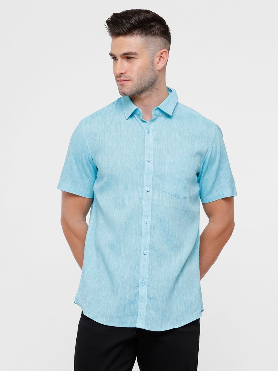 Shirts Classic Polo | Classic Polo Mens Blue Linen Cotton Woven Shirt - Porsh Aqua Hs