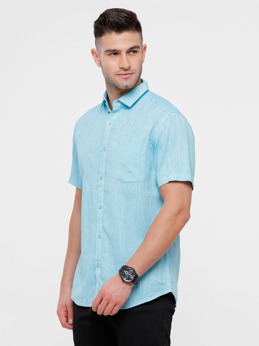 Shirts Classic Polo | Classic Polo Mens Blue Linen Cotton Woven Shirt - Porsh Aqua Hs