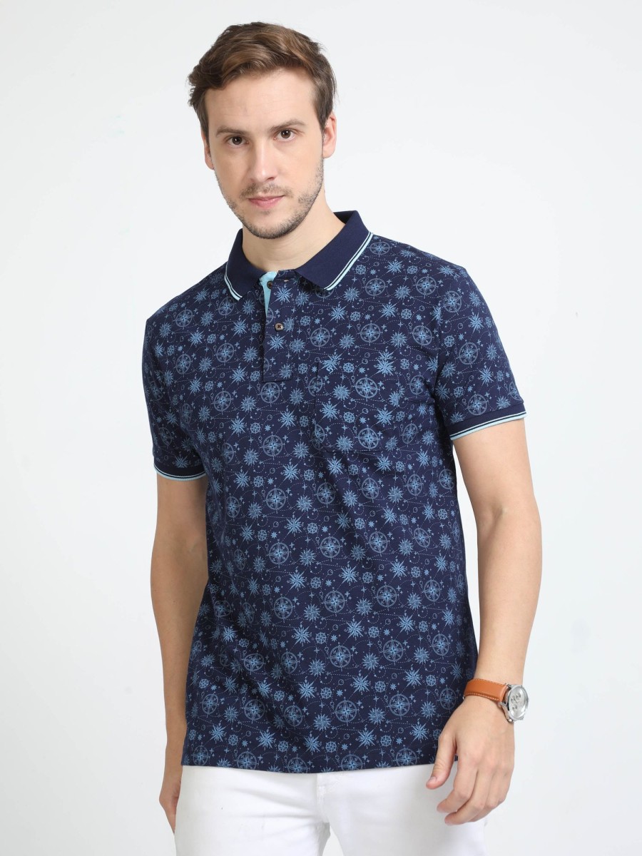 T-Shirts Classic Polo | Classic Polo Mens Cotton Half Sleeves Floral Slim Fit Polo Neck Navy Color T-Shirt | Bello - 228 A Sf P