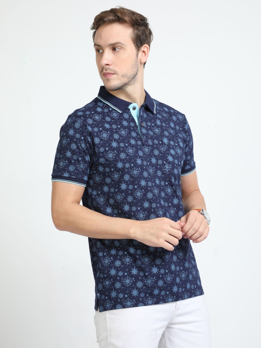 T-Shirts Classic Polo | Classic Polo Mens Cotton Half Sleeves Floral Slim Fit Polo Neck Navy Color T-Shirt | Bello - 228 A Sf P