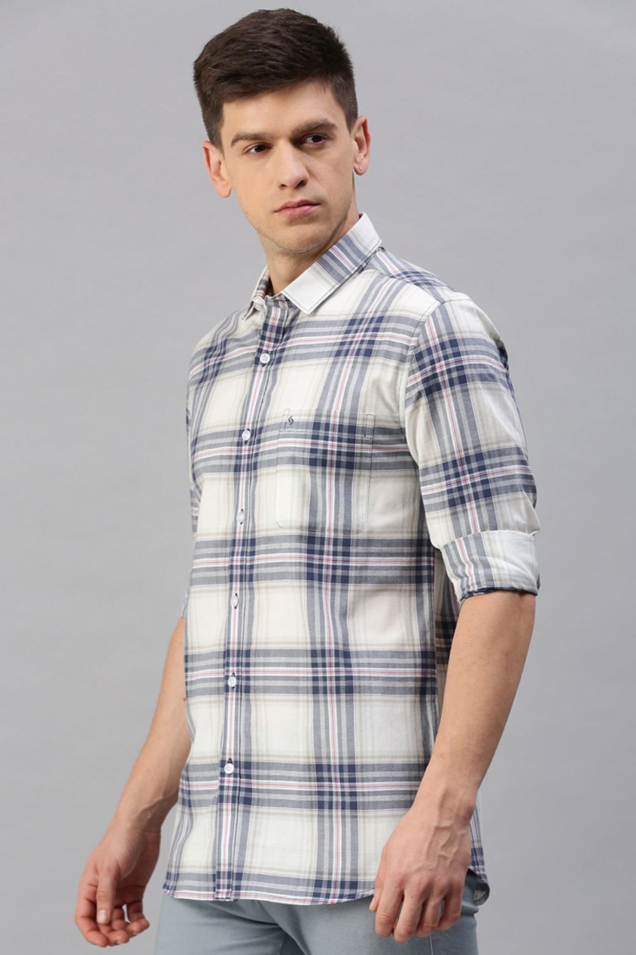 Shirts Classic Polo | Classic Polo Men'S Cotton Full Sleeve Checked Slim Fit Polo Neck White Color Woven Shirt | So1-110 A