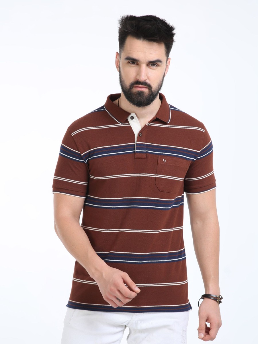 T-Shirts Classic Polo | Classic Polo Mens Casual Burgundy Striped Cotton T-Shirt | F-Adore - 109 B Sf P