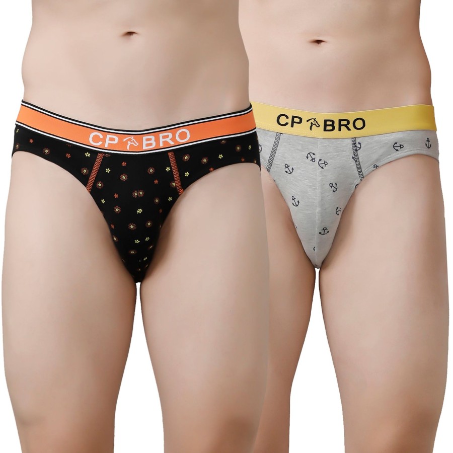 Innerwear CP BRO | Cp Bro Men'S Printed Briefs With Exposed Waistband Value Pack - Black Dot & Grey Anchor (Pack Of 2)