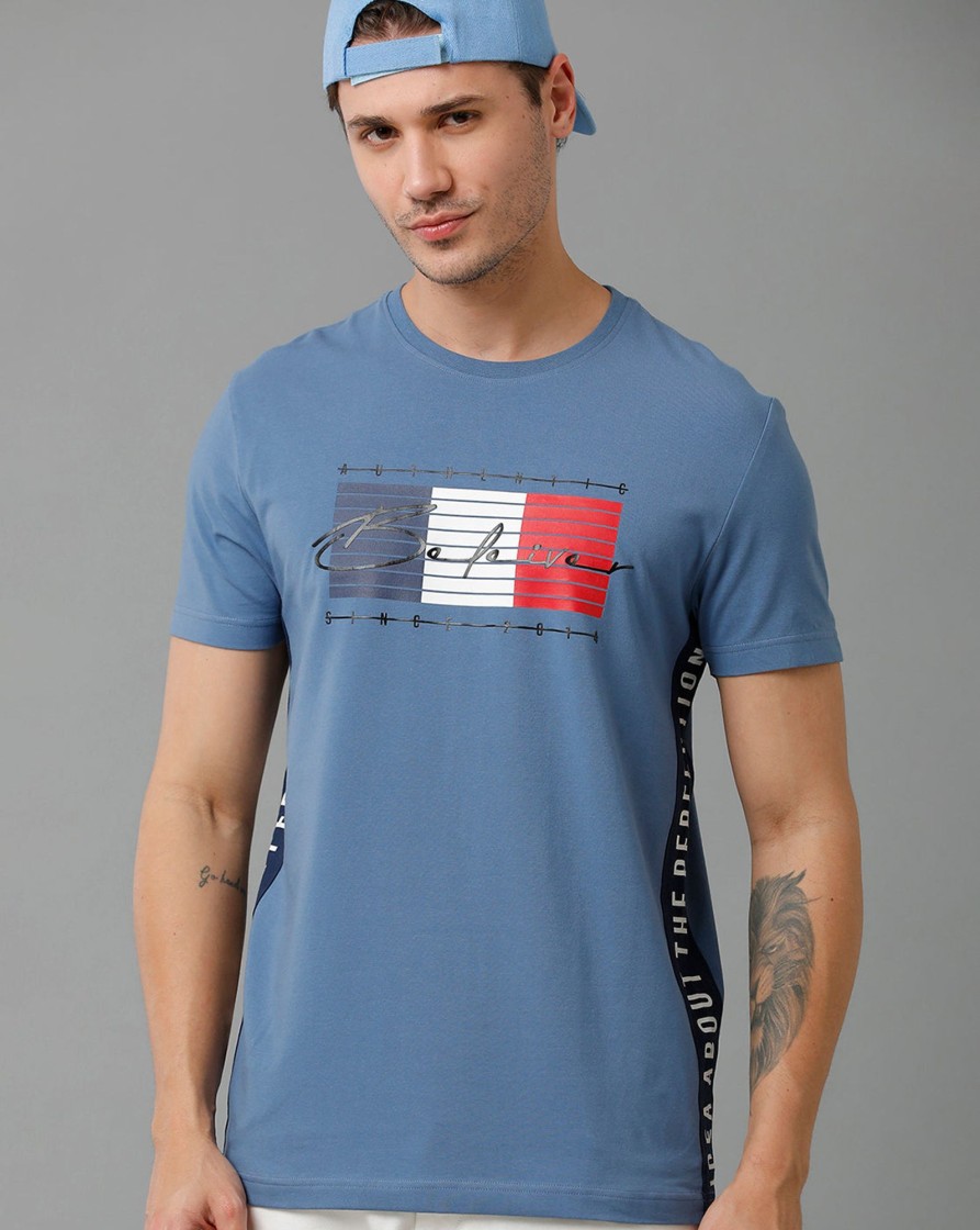 T-Shirts CP BRO | Cp Bro Men'S Cotton Half Sleeve Printed Slim Fit Round Neck Blue Color T-Shirt | Brcn - 518 B