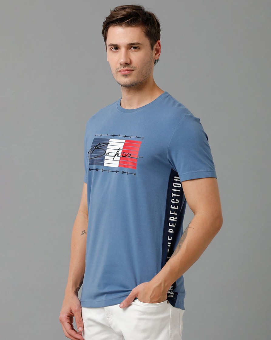 T-Shirts CP BRO | Cp Bro Men'S Cotton Half Sleeve Printed Slim Fit Round Neck Blue Color T-Shirt | Brcn - 518 B