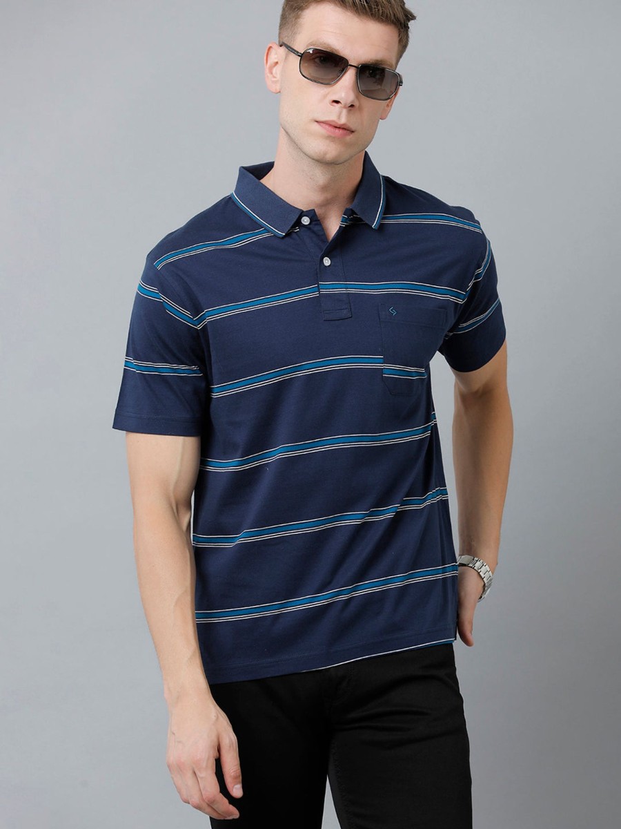 T-Shirts Classic Polo | Classic Polo Men'S Cotton Half Sleeve Striped Authentic Fit Polo Neck Navy Color T-Shirt | Ap - 90 B