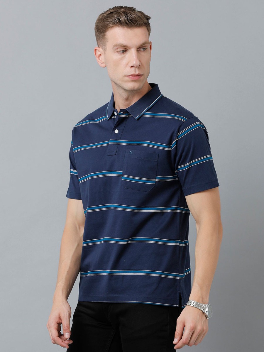 T-Shirts Classic Polo | Classic Polo Men'S Cotton Half Sleeve Striped Authentic Fit Polo Neck Navy Color T-Shirt | Ap - 90 B