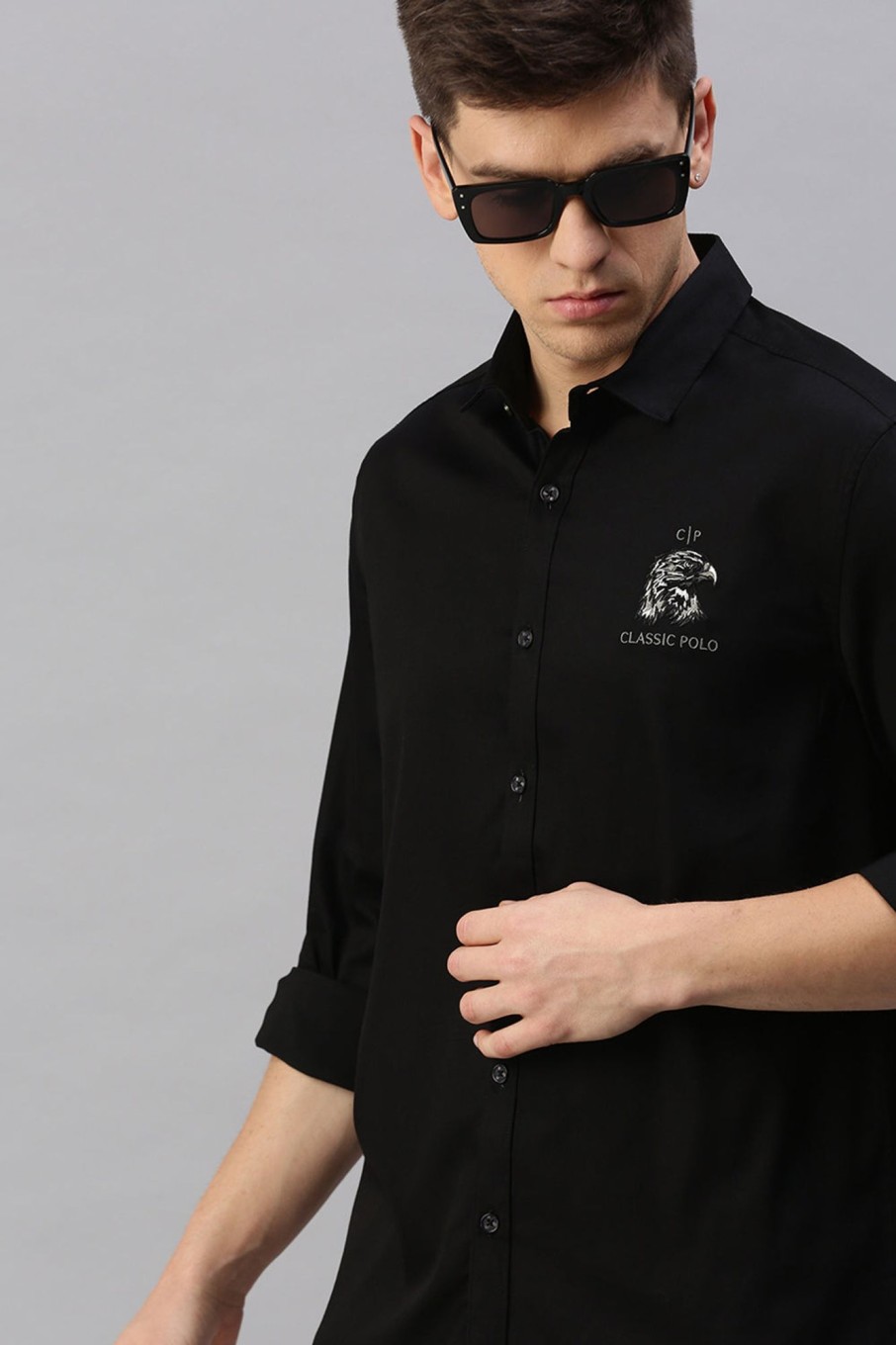 Shirts Classic Polo | Classic Polo Men'S Cotton Full Sleeve Solid Slim Fit Polo Neck Black Color Woven Shirt | So1-38 D