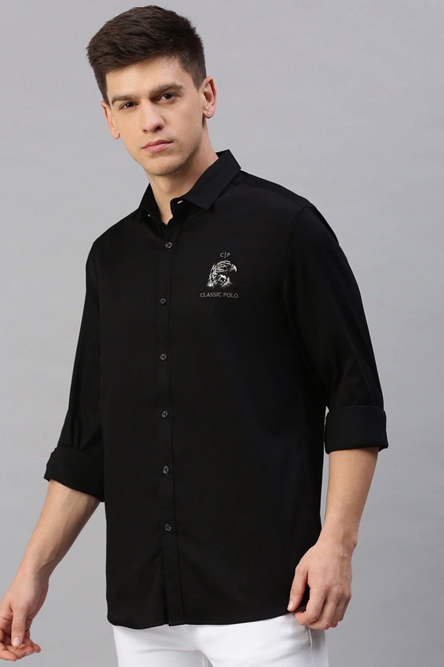 Shirts Classic Polo | Classic Polo Men'S Cotton Full Sleeve Solid Slim Fit Polo Neck Black Color Woven Shirt | So1-38 D