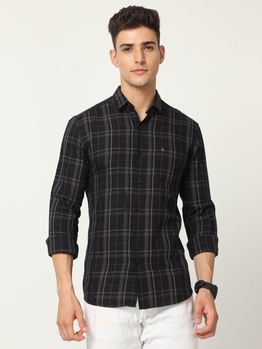 Shirts Classic Polo | Classic Polo Mens Cotton Full Sleeve Checked Slim Fit Polo Neck Black Color Woven Shirt | So1-102 B-Fs-Chk