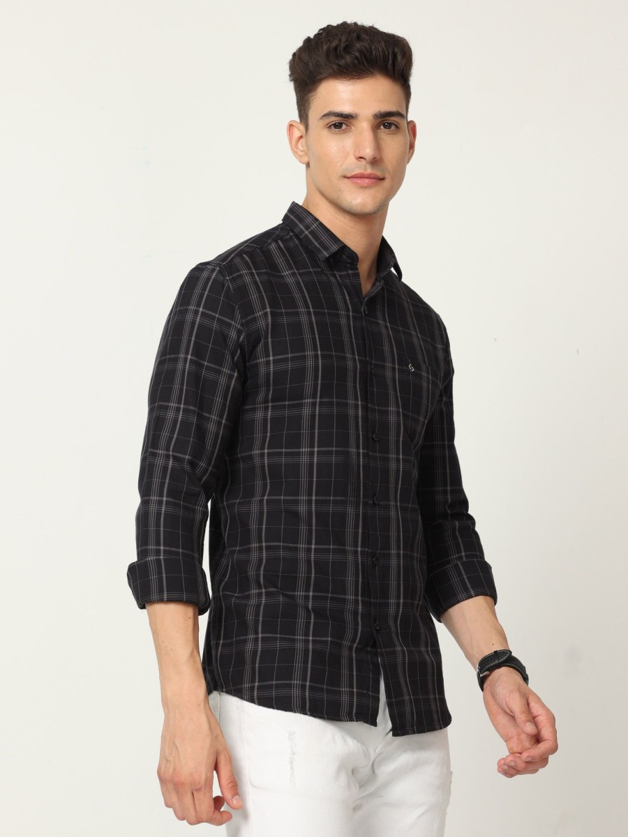 Shirts Classic Polo | Classic Polo Mens Cotton Full Sleeve Checked Slim Fit Polo Neck Black Color Woven Shirt | So1-102 B-Fs-Chk