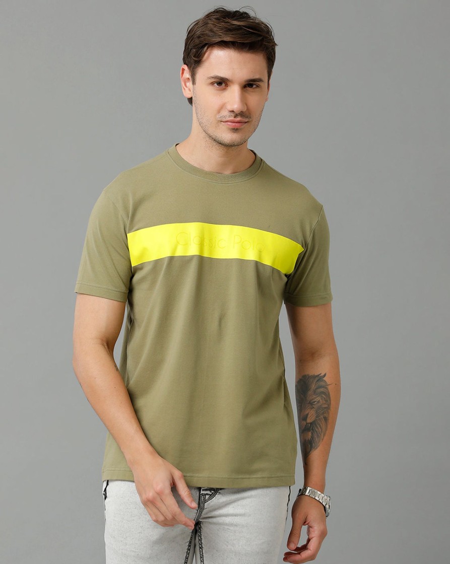 T-Shirts Classic Polo | Classic Polo Men'S Cotton Half Sleeve Printed Slim Fit Round Neck Yellow Color T-Shirt | Baleno - 508 A