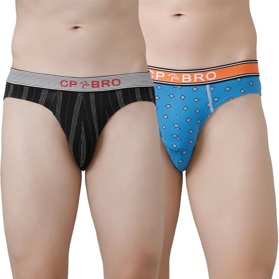 Innerwear CP BRO | Cp Bro Men'S Printed Briefs With Exposed Waistband Value Pack - Black Stripe & Blue (Pack Of 2)