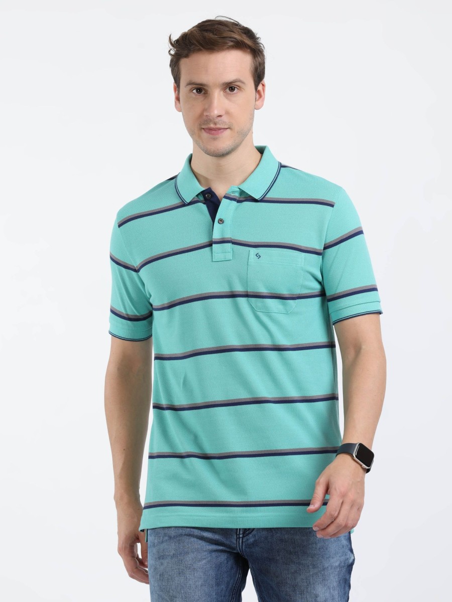 T-Shirts Classic Polo | Classic Polo Mens Cotton Half Sleeves Striped Slim Fit Polo Neck Blue Color T-Shirt | Adore - 208 B Sf P