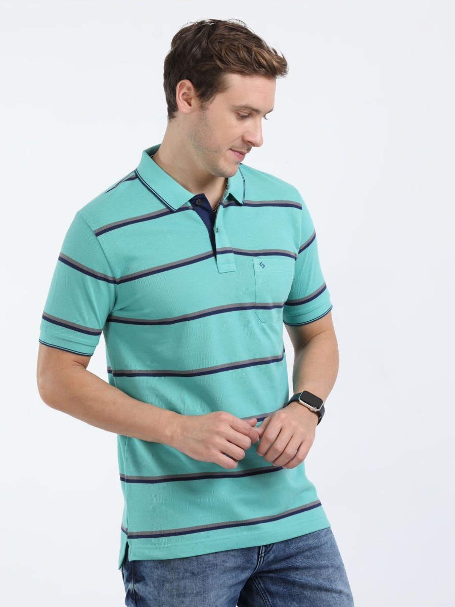 T-Shirts Classic Polo | Classic Polo Mens Cotton Half Sleeves Striped Slim Fit Polo Neck Blue Color T-Shirt | Adore - 208 B Sf P