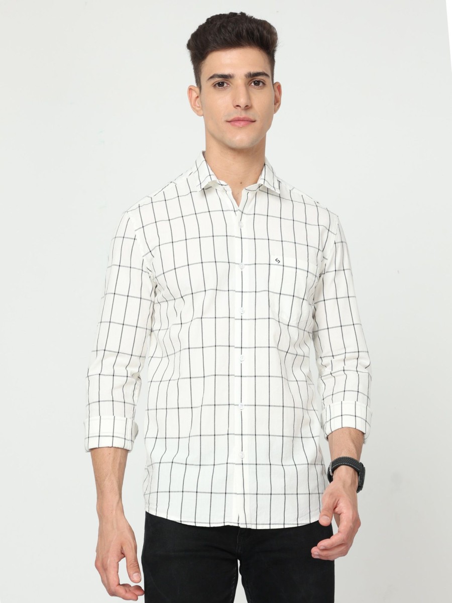 Shirts Classic Polo | Classic Polo Men'S Cotton Full Sleeve Checked Slim Fit Polo Neck Cream Color Woven Shirt | So1-113 A