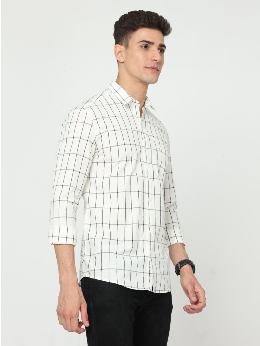 Shirts Classic Polo | Classic Polo Men'S Cotton Full Sleeve Checked Slim Fit Polo Neck Cream Color Woven Shirt | So1-113 A