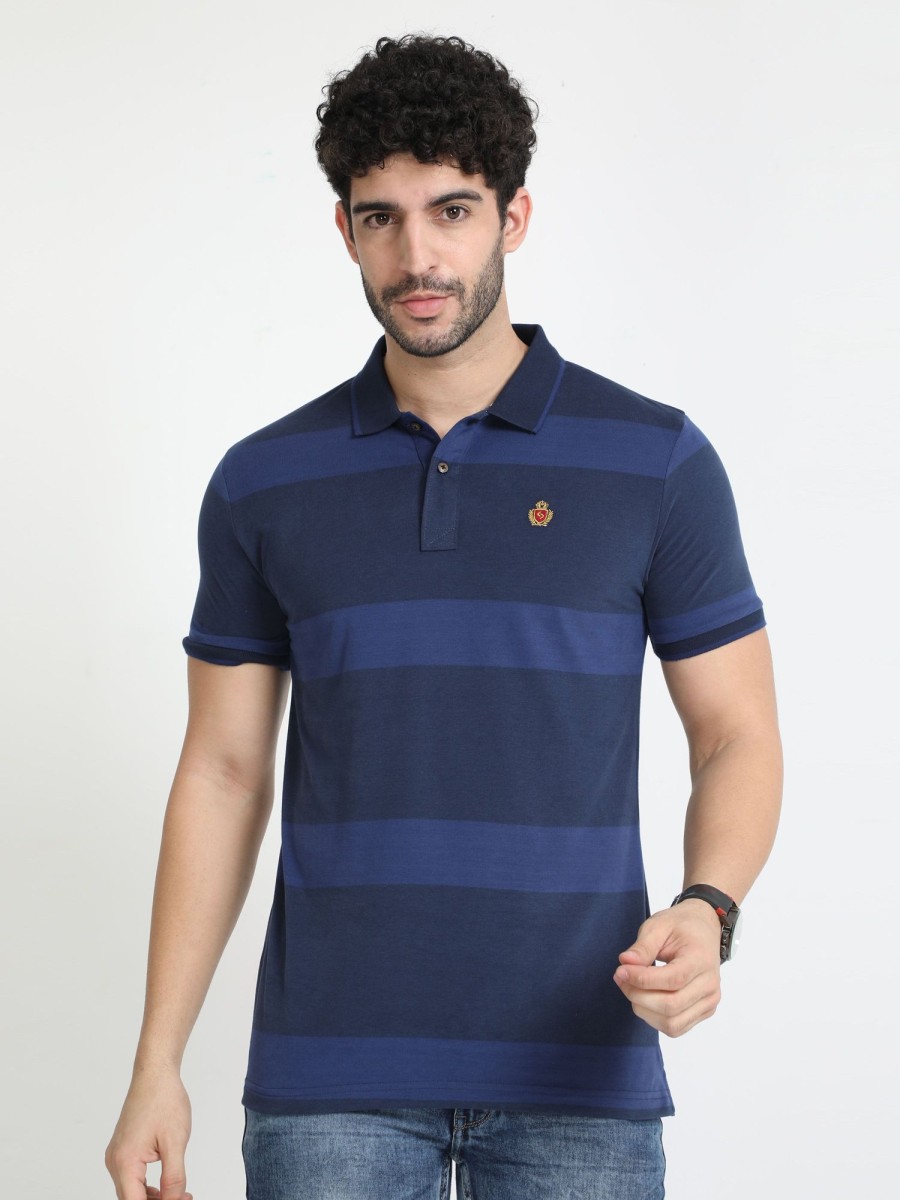 T-Shirts Classic Polo | Classic Polo Mens Cotton Half Sleeves Striped Slim Fit Polo Neck Navy Color T-Shirt | Cpeg - 313 A Sf P