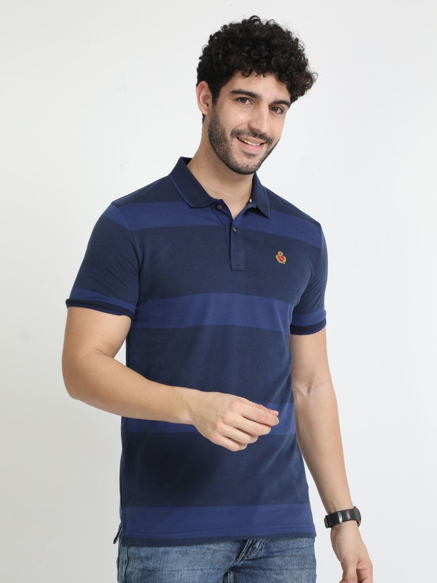 T-Shirts Classic Polo | Classic Polo Mens Cotton Half Sleeves Striped Slim Fit Polo Neck Navy Color T-Shirt | Cpeg - 313 A Sf P