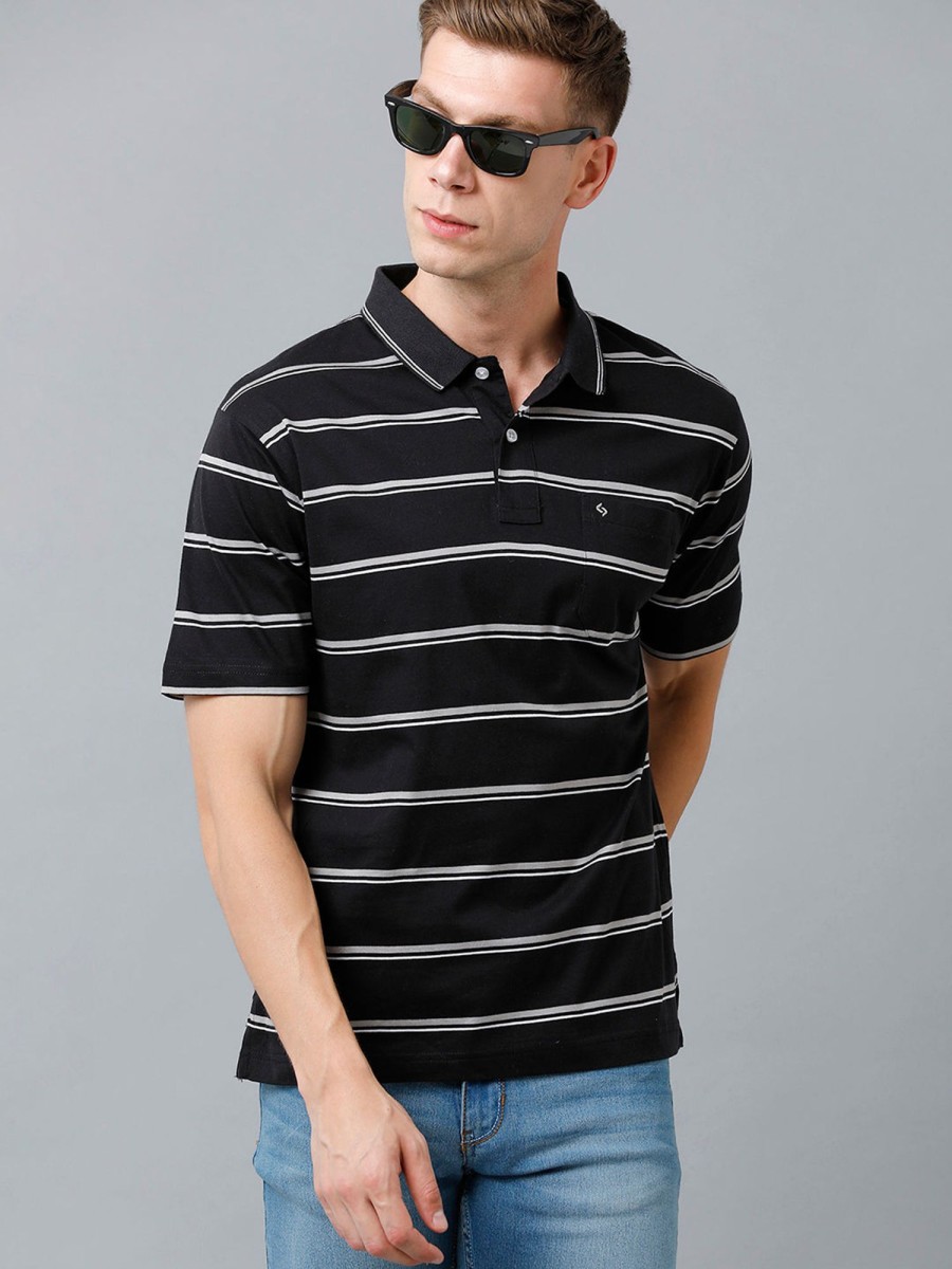 T-Shirts Classic Polo | Classic Polo Men'S Cotton Half Sleeve Striped Authentic Fit Polo Neck Black Color T-Shirt | Ap - 89 B