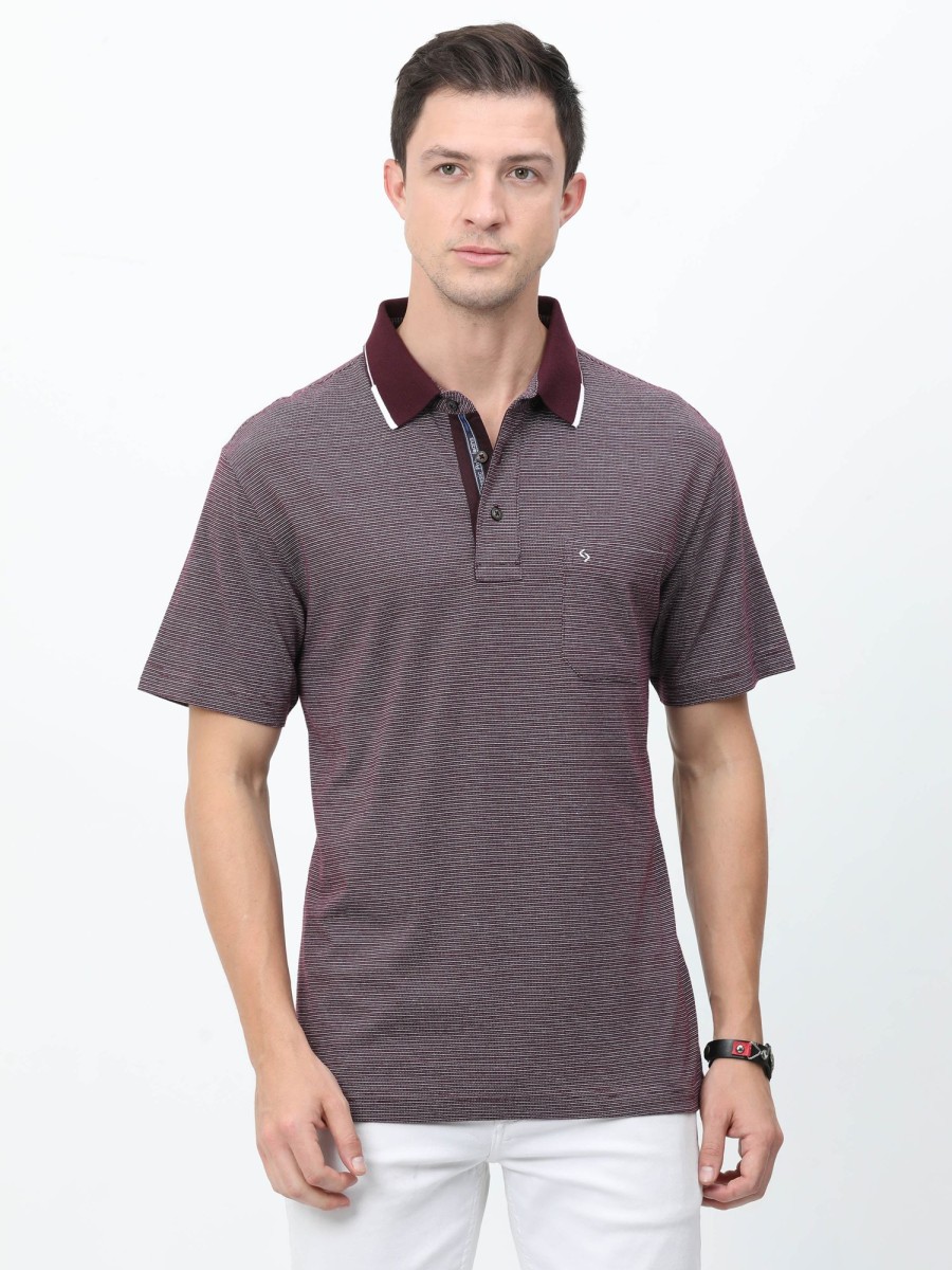 T-Shirts Classic Polo | Classic Polo Mens Cotton Half Sleeves Striped Authentic Fit Polo Neck Maroon Color T-Shirt | Rare - 07 A Af P