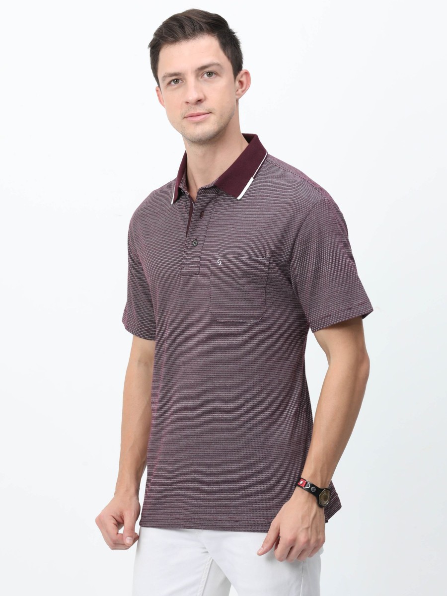 T-Shirts Classic Polo | Classic Polo Mens Cotton Half Sleeves Striped Authentic Fit Polo Neck Maroon Color T-Shirt | Rare - 07 A Af P