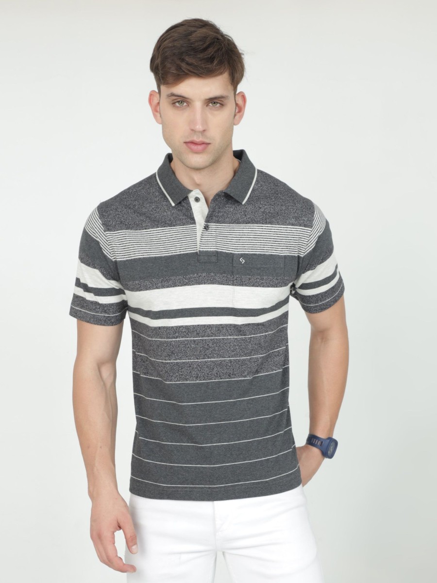 T-Shirts Classic Polo | Classic Polo Mens Cotton Half Sleeves Striped Authentic Fit Polo Neck Grey Color T-Shirt | Mel - 245 B Af P