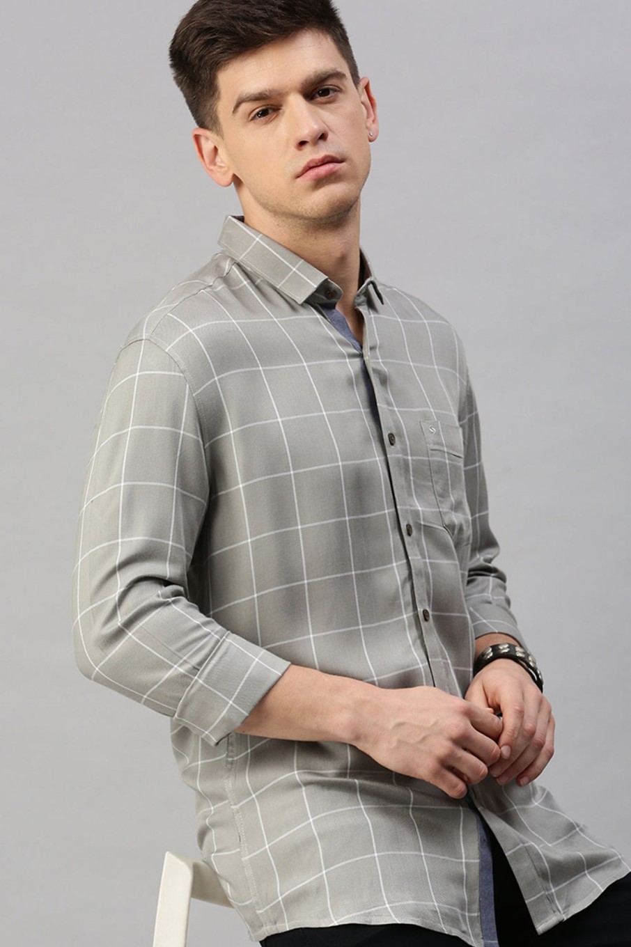 Shirts Classic Polo | Classic Polo Men'S Cotton Full Sleeve Checked Slim Fit Polo Neck Grey Color Woven Shirt | So1-135 A