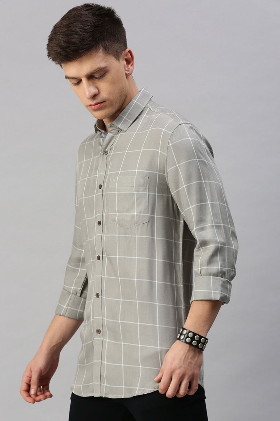 Shirts Classic Polo | Classic Polo Men'S Cotton Full Sleeve Checked Slim Fit Polo Neck Grey Color Woven Shirt | So1-135 A