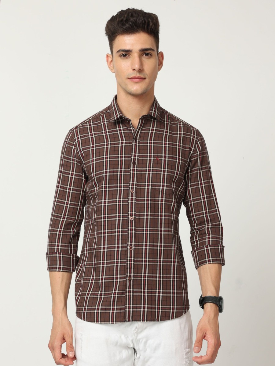 Shirts Classic Polo | Classic Polo Mens Cotton Full Sleeve Checked Slim Fit Polo Neck Brown Color Woven Shirt | So1-04 A-Fs-Chk