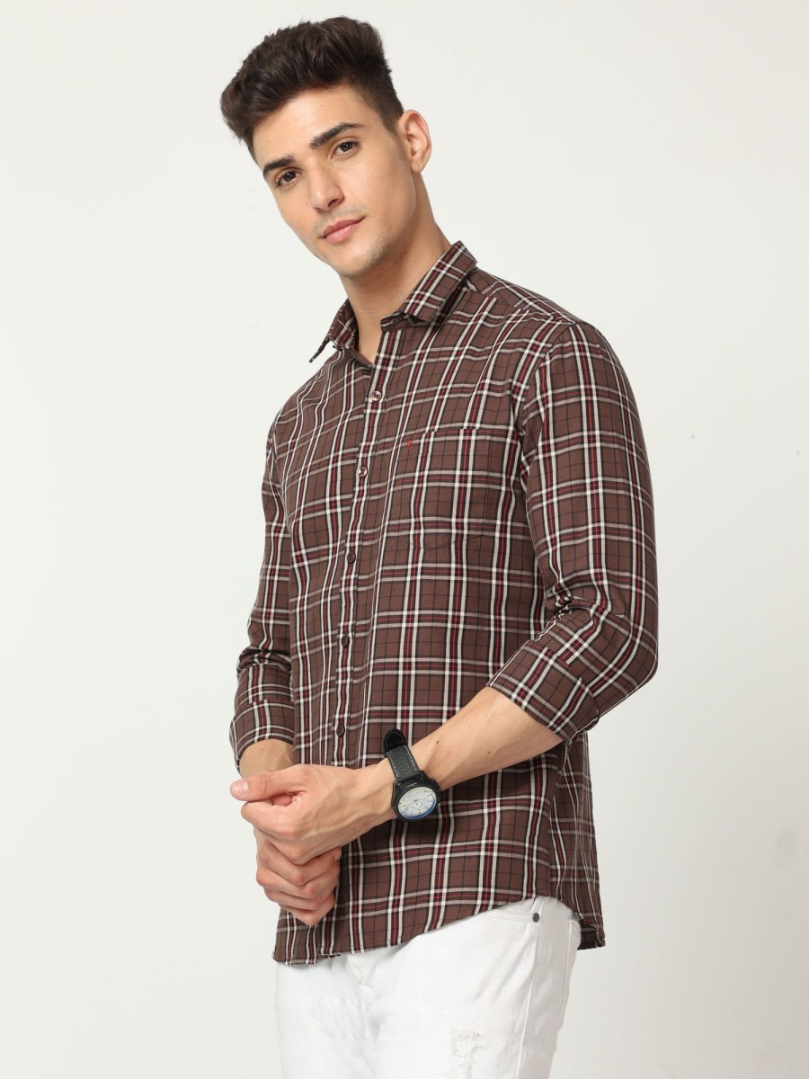 Shirts Classic Polo | Classic Polo Mens Cotton Full Sleeve Checked Slim Fit Polo Neck Brown Color Woven Shirt | So1-04 A-Fs-Chk