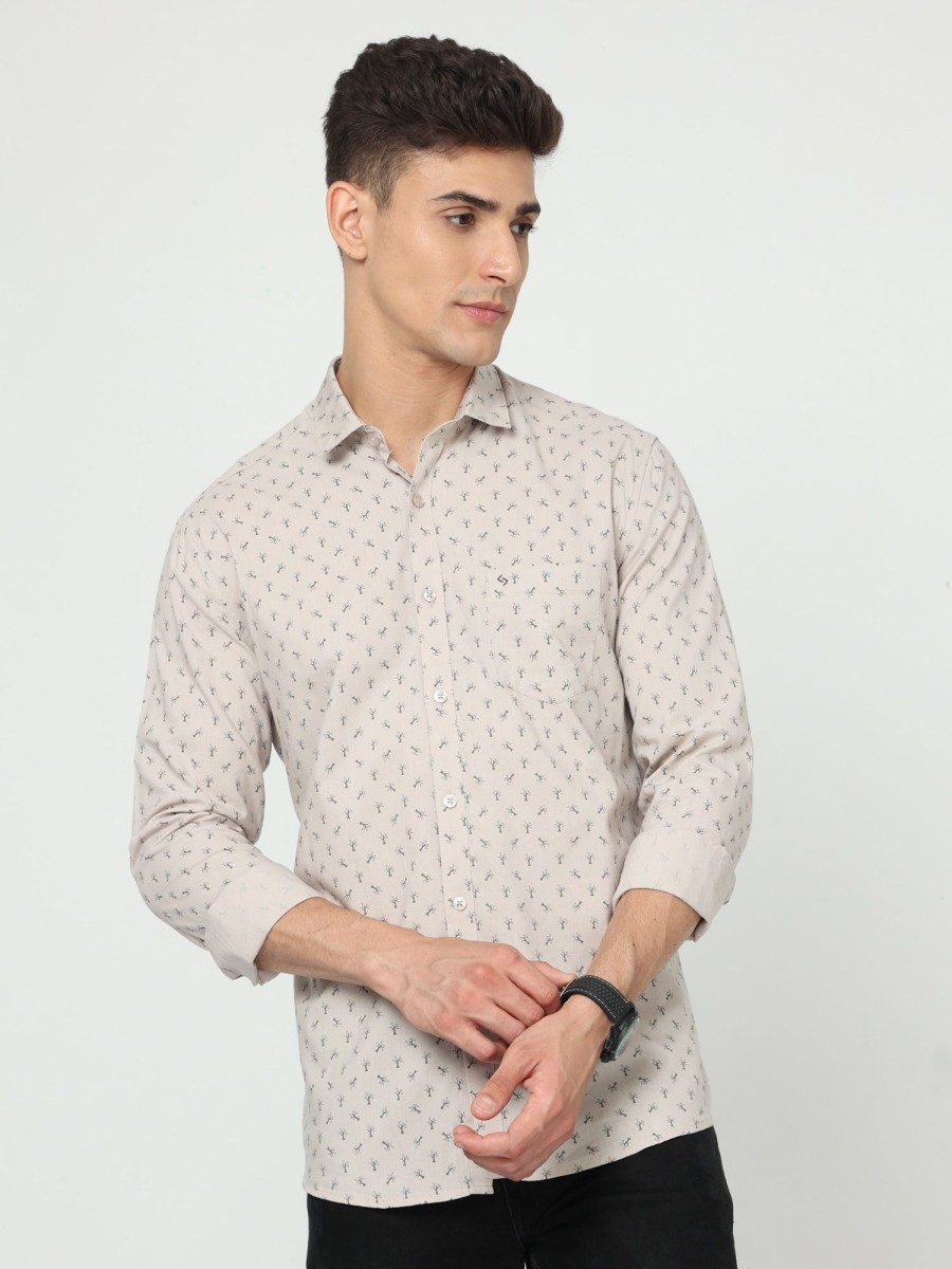 Shirts Classic Polo | Classic Polo Men'S Cotton Full Sleeve Printed Slim Fit Polo Neck Cream Color Woven Shirt | So1-151 B