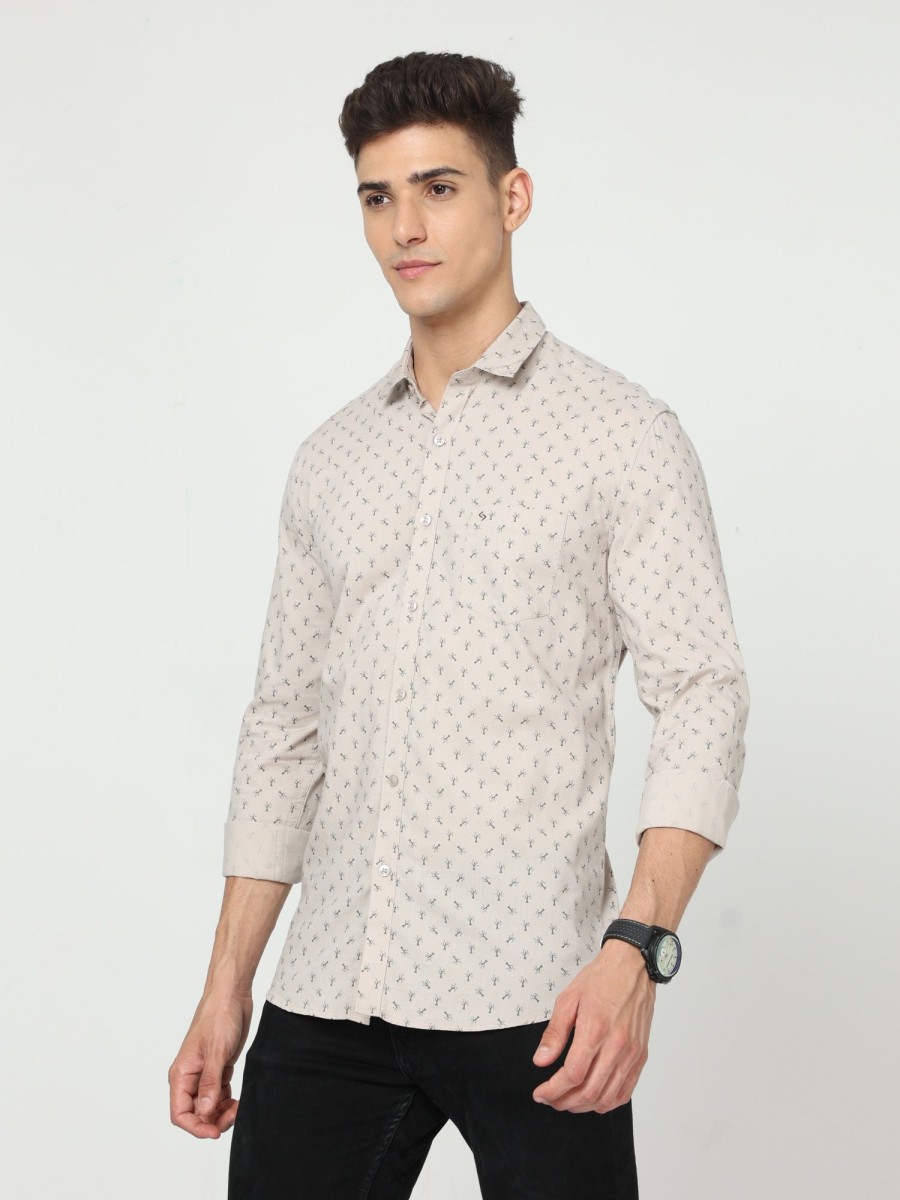 Shirts Classic Polo | Classic Polo Men'S Cotton Full Sleeve Printed Slim Fit Polo Neck Cream Color Woven Shirt | So1-151 B