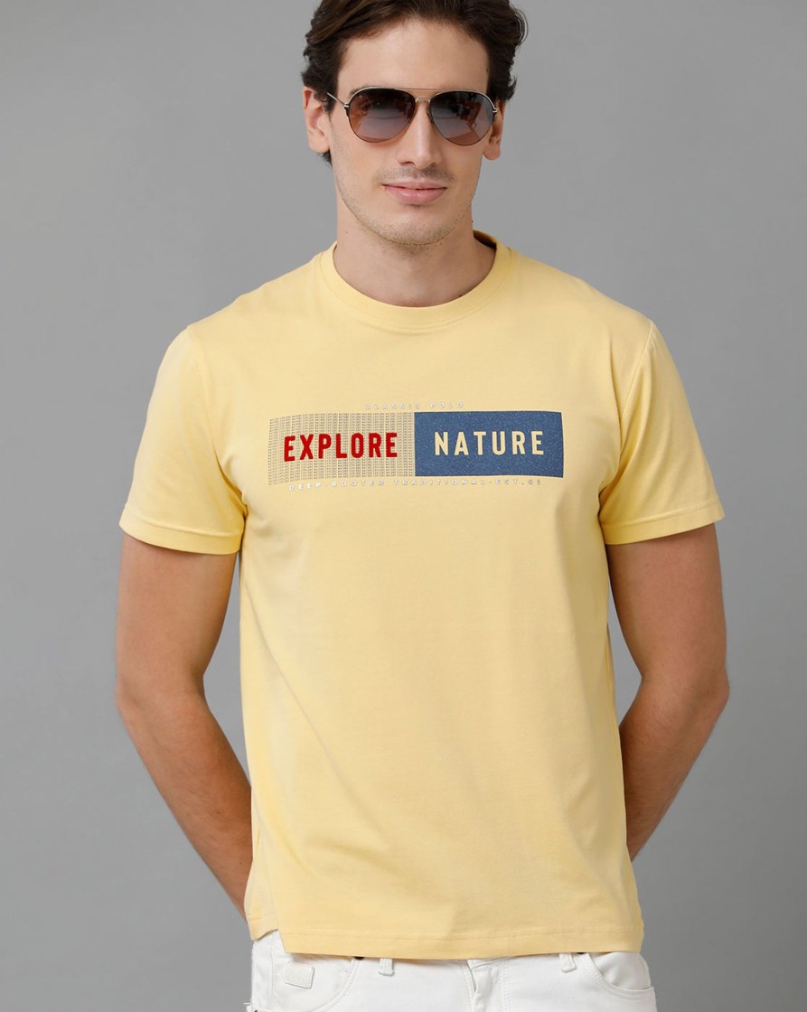 T-Shirts Classic Polo | Classic Polo Men'S Cotton Half Sleeve Printed Slim Fit Round Neck Yellow Color T-Shirt | Baleno - 496 A