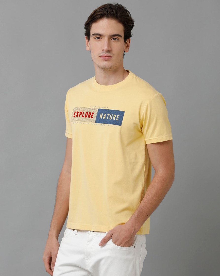 T-Shirts Classic Polo | Classic Polo Men'S Cotton Half Sleeve Printed Slim Fit Round Neck Yellow Color T-Shirt | Baleno - 496 A