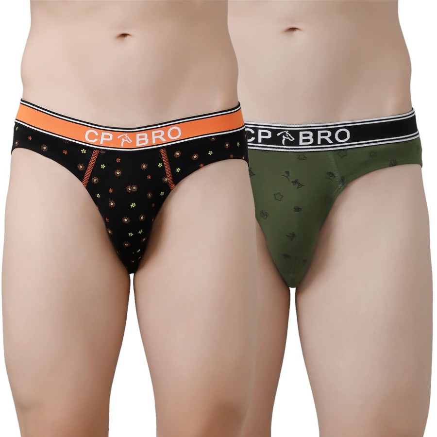 Innerwear CP BRO | Cp Bro Men'S Printed Briefs With Exposed Waistband Value Pack - Black Dot & Olive Green (Pack Of 2)